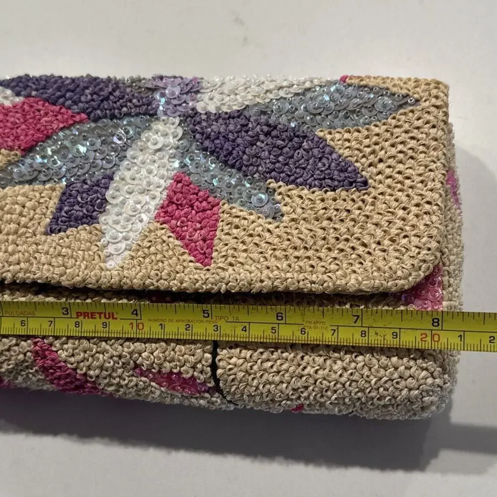 Floral Sequin Rafia Evening Clutch Purse Wedding Prom Vintage‎ Inspired Boho
